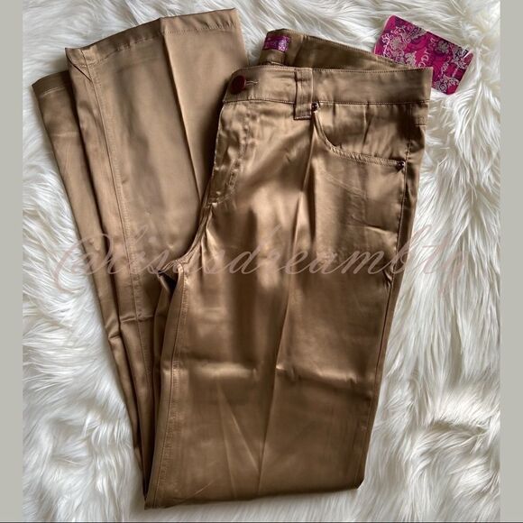 NWT Golden Khaki Nude Satin Shiny Flare Pants - Picture 1 of 14